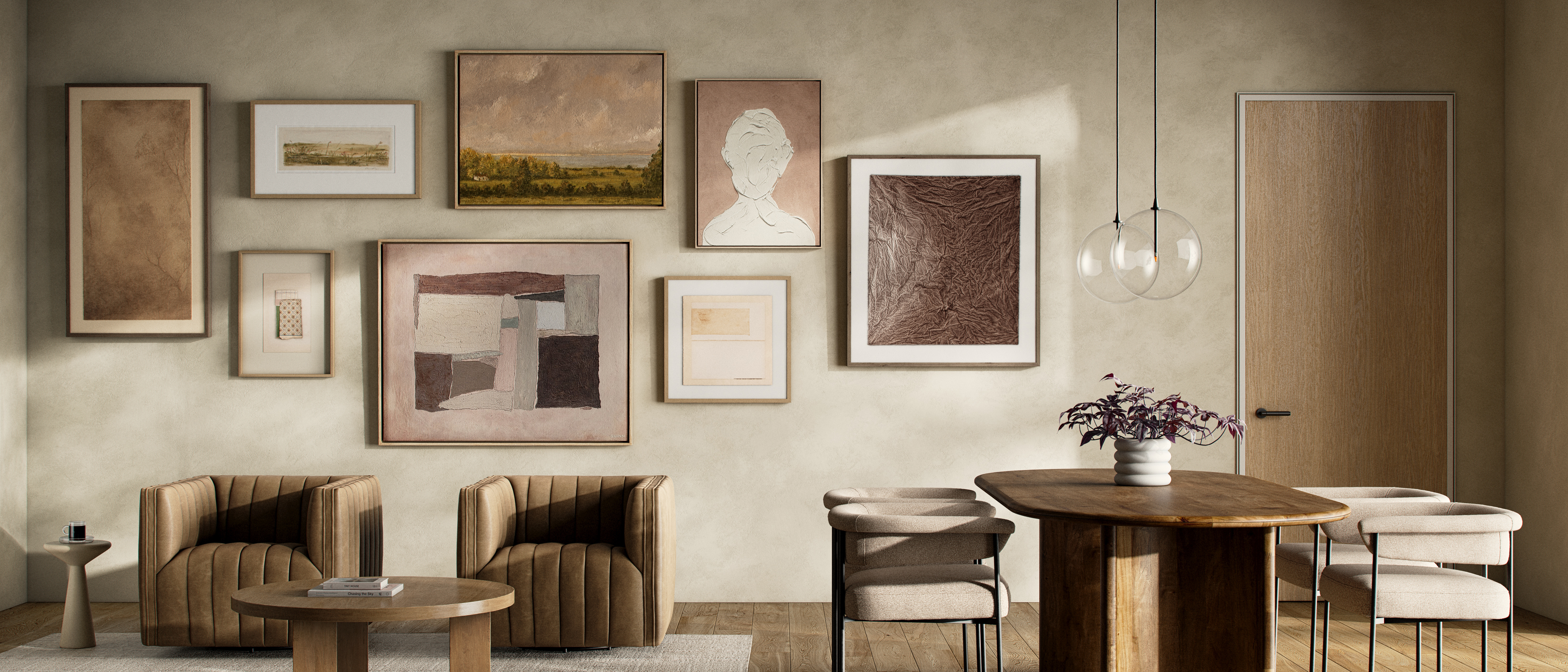Gallery wall of framed art in a conference room